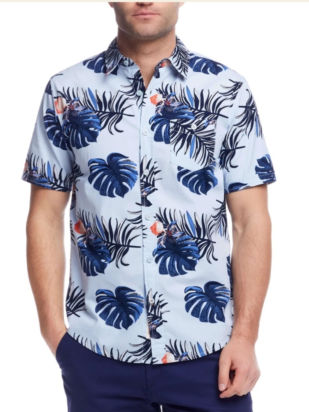 Weatherproof Men's Light Blue Tropical Print cotton Short-Sleeve Shirt Large